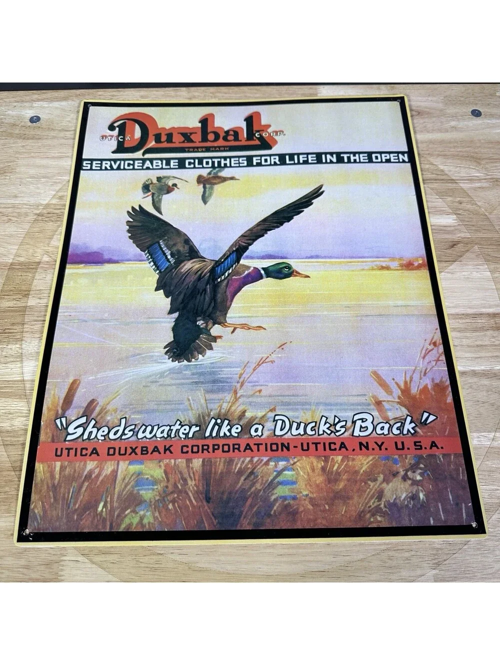 Vintage Duxbak Hunter Clothing Sign Metal Tin 17” x 13.75” Duck Hunting Decor